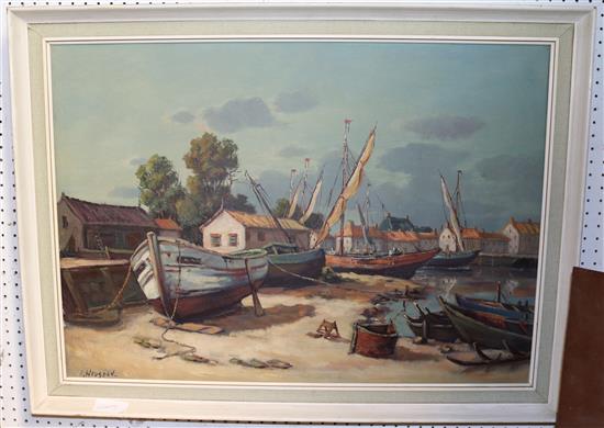V. Heusden, oil on canvas, boats on a beach